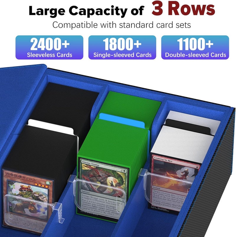 Gomyrod Card Deck Case for 1800+ Sleeved Cards, Trading Card Storage Box with 15 Dividers & 3 Stoppers, Magnetic Closure Commander Deck Box Fit for TCG/MTG/Baseball/Sport Cards, Black & Blue - Image 2
